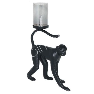 Candle holder monkey w/black seed glass ALU RAW/MATT BLACK 4