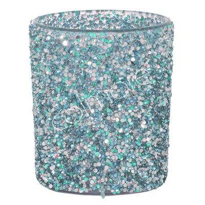 Votive teal multi color beads glass 10x10x12