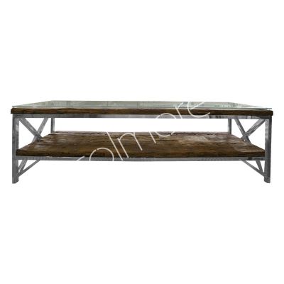Side table w/x-legs reclaimed wood w/glass 180x40x50
