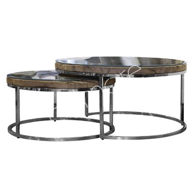 Coffee table SET/2 reclaimed wood w/glass 92x92x46/71x71x37