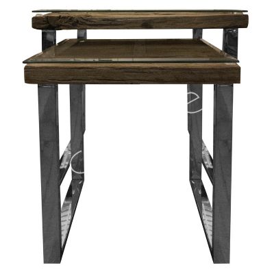 Side table SET/2 reclaimed wood w/glass ss 60x60x60/45x40