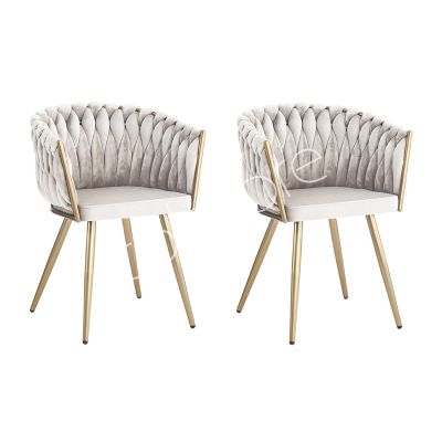 2x Dining chair woven ivory velvet IR gold legs 56x62x68